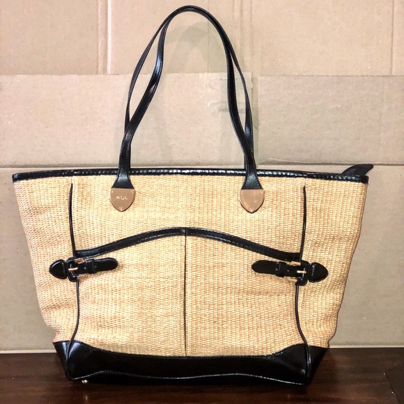 RALPH LAUREN Top Zipper Closure Black Handle Wicker Shoulder Bag with Storage - Picture 1 of 17
